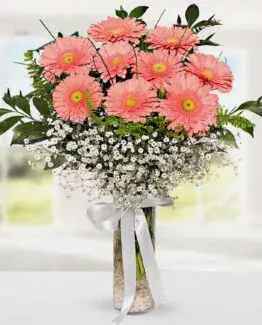 9 pembe gerbera vazo
